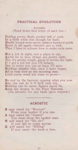 Jingles booklet, written by Arthur Rodman in 1916, page 30, Practical Evolution Acrostic