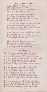 Jingles booklet, written by Arthur Rodman in 1916, page 35, Still They Come Acrostic