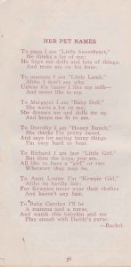 Jingles booklet, written by Arthur Rodman in 1916, page 36, Her Pet Names